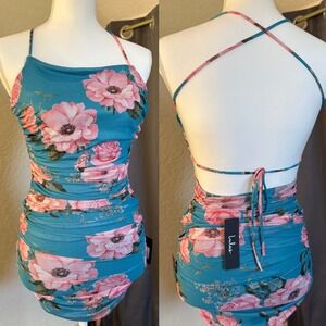 Lulus Teal Pink Floral Mesh Ruched Bodycon Mini Dress Womens XS NWT